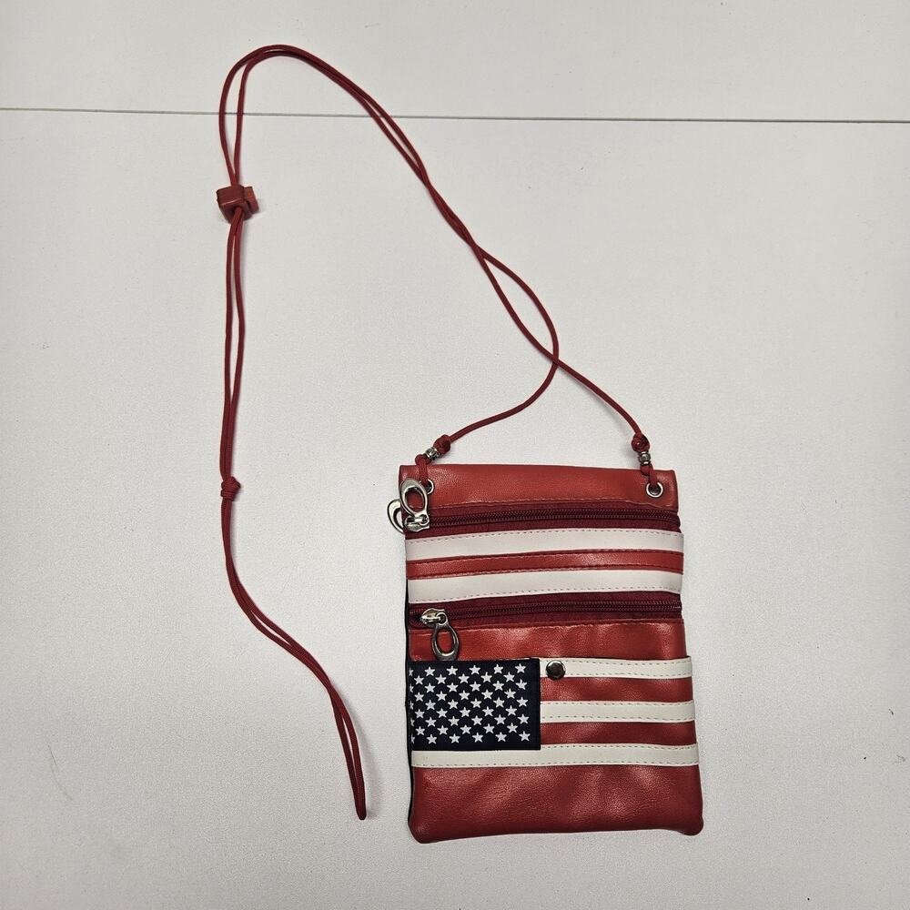 Genuine Leather American Flag Stars and Stripes Crossbody Neck Pouch Holder USA